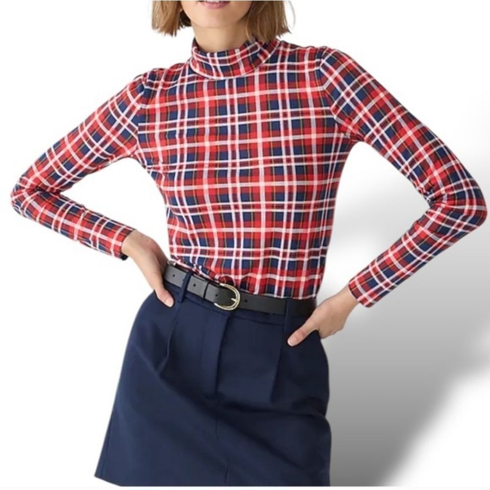 J. Crew Red and Blue Plaid Long Sleeve Tee Tissue Turtleneck